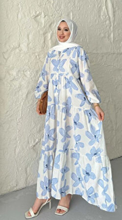 MODAL KUMAŞ ÇİÇEKLİ DÜĞMELİ ELBİSE - MAVİ