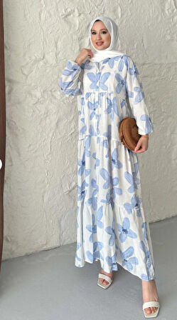 MODAL KUMAŞ ÇİÇEKLİ DÜĞMELİ ELBİSE - MAVİ