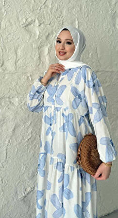 MODAL KUMAŞ ÇİÇEKLİ DÜĞMELİ ELBİSE - MAVİ