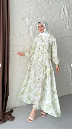 MODAL KUMAŞ ÇİÇEKLİ DÜĞMELİ ELBİSE - YEŞİL