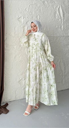 MODAL KUMAŞ ÇİÇEKLİ DÜĞMELİ ELBİSE - YEŞİL