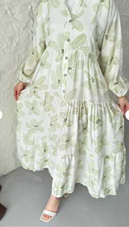 MODAL KUMAŞ ÇİÇEKLİ DÜĞMELİ ELBİSE - YEŞİL