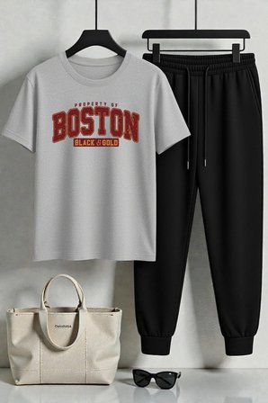Unisex Boston Tasarım Baskılı Tişört - 2'li Eşofman Takımı