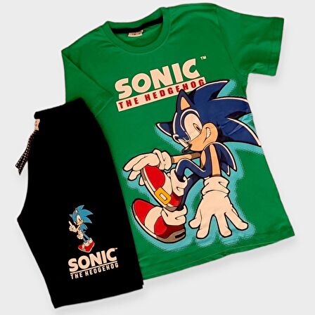 Sonic Desenli Yeşil Renk Şortlu Takım