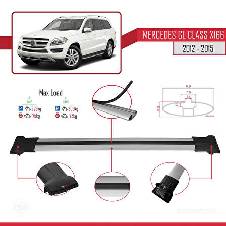 Mercedes GL Class 2 (X166) Pre-Facelift 2013-2015 Arası ile Uyumlu FLY Model Ara Atkı Tavan Barı Gri 3 Adet