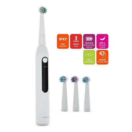 Polosmart PSC73 Şarjlı Diş Fırçası — IPX7 Waterproof, 1200 mAh Batarya, 3 Mod, 3+1 Yedek Başlıklı