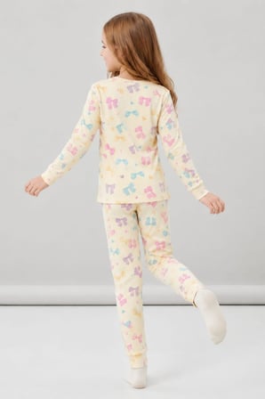 Kız Çocuk Çiçek-kurdela-kuzu Baskılı Pamuklu Pijama Takım TKM1025