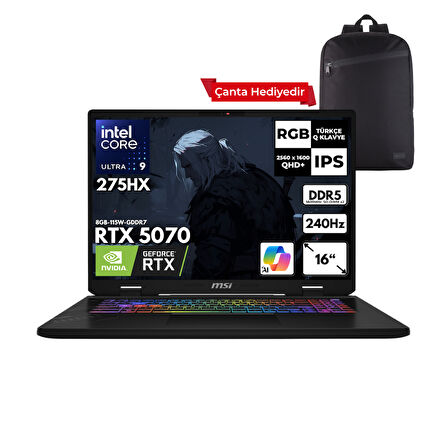 MSI CROSSHAIR 16HX AI Ultra 9-275HX 64-GBDDR5 1 TBSSD RTX5070 (8GB-115W-GDDR7) 16" 2K QHD+ 240Hz Windows 11 Pro + HMF Sırt Çantası D2XWGKG-047XTRHMF14