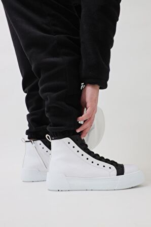 Bpm CH167 Yuvarlak Burun Kısa Topuk Bağcıklı Su Geçirmez Spor Beyaz-Siyah Klasik Bot Suni Deri