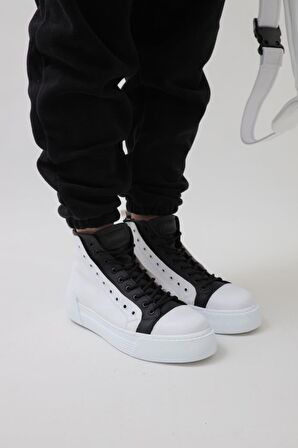 Bpm CH167 Yuvarlak Burun Kısa Topuk Bağcıklı Su Geçirmez Spor Beyaz-Siyah Klasik Bot Suni Deri