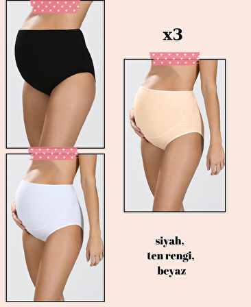 NBB Yüksek Bel %100 Pamuk Üçlü Paket Hamile Külodu (Siyah, Ten Rengi, Beyaz)-540