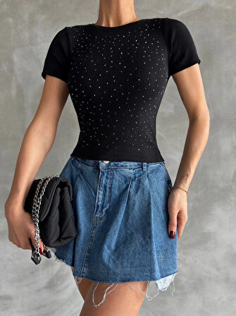 Taş Baskılı/Yapıştırma Kaşkorse Siyah Bisiklet Yaka Kısa Kollu Şık Bluz/Tişört