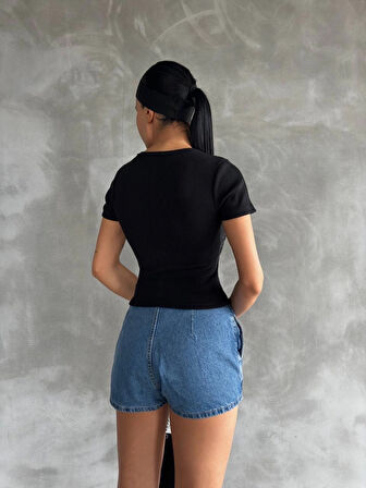 Taş Baskılı/Yapıştırma Kaşkorse Siyah Bisiklet Yaka Kısa Kollu Şık Bluz/Tişört