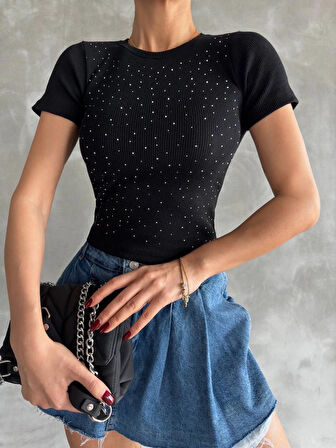 Taş Baskılı/Yapıştırma Kaşkorse Siyah Bisiklet Yaka Kısa Kollu Şık Bluz/Tişört