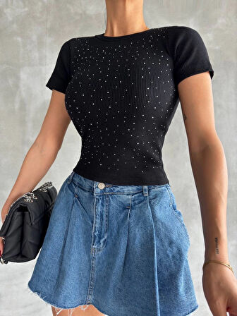 Taş Baskılı/Yapıştırma Kaşkorse Siyah Bisiklet Yaka Kısa Kollu Şık Bluz/Tişört