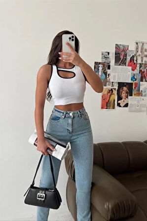 Pencereli Kaşkorse Siyah Beyaz Biyeli Sıfır Kol Croptop/Büstiyer