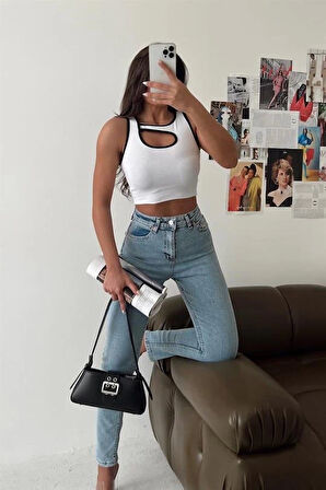 Pencereli Kaşkorse Siyah Beyaz Biyeli Sıfır Kol Croptop/Büstiyer
