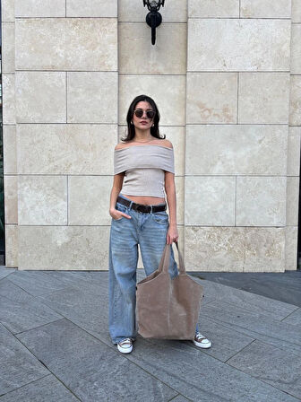 Madonna Yaka Taş Rengi/Bej Düşük kol Omuzları Açık Slim Fit Bluz