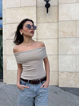 Madonna Yaka Taş Rengi/Bej Düşük kol Omuzları Açık Slim Fit Bluz