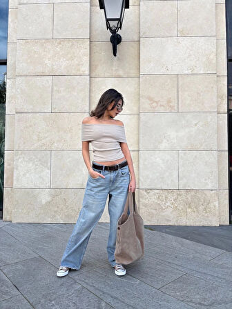 Madonna Yaka Taş Rengi/Bej Düşük kol Omuzları Açık Slim Fit Bluz