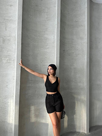 Şortlu Siyah V Yaka Büstiyerli Şortlu Keten Büstiyer-Şort İkili takım