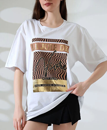 Kahve/Gold Varak Baskılı İmza Desen Hafif Oversized Regular Tişört