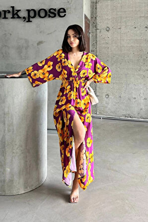 Mor Sarı Çiçek Baskılı V Yaka Uzun Boy Önü Yırtmaçlı Uzun Kol Salaş Canlı Renkli elbise