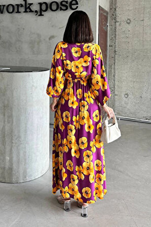 Mor Sarı Çiçek Baskılı V Yaka Uzun Boy Önü Yırtmaçlı Uzun Kol Salaş Canlı Renkli elbise