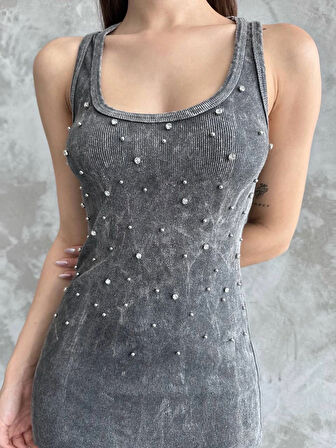 Taşlı Askılı Gri Yıkamalı Bisiklet Yaka Askılı Slim Fit Üste Oturan V Yaka Trend Elbise