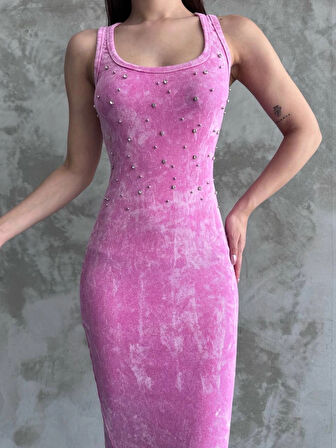 Taşlı Askılı Pembe Yıkamalı Bisiklet Yaka Askılı Slim Fit Üste Oturan V Yaka Trend Elbise
