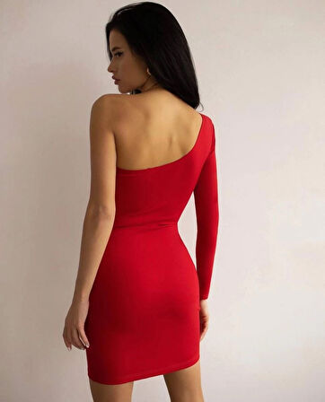 Tek Kol Kırmızı Slim Fit Kısa Düz Renk Sade Şık Mini Elbise
