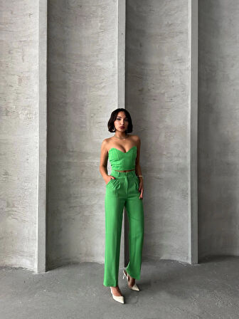 Palazzo Pantolonlu Askısız Straplez Büstiyerli Boru Paça Pantolonlu İkili Takım - Yeşil