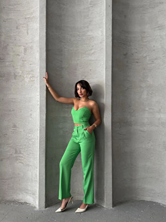 Palazzo Pantolonlu Askısız Straplez Büstiyerli Boru Paça Pantolonlu İkili Takım - Yeşil