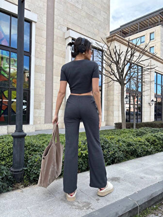 Basic Düz Croptop Regular Kesim %100 Pamuk Fitilli Bol Paça Eşofman Büstiyer Takım - Antrasit