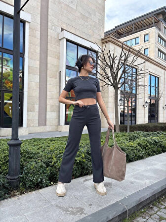 Basic Düz Croptop Regular Kesim %100 Pamuk Fitilli Bol Paça Eşofman Büstiyer Takım - Antrasit