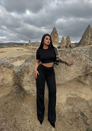 Basic Düz Croptop Regular Kesim %100 Pamuk Fitilli Bol Paça Eşofman Büstiyer Takım - Siyah