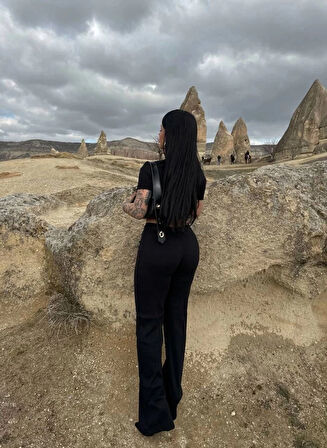 Basic Düz Croptop Regular Kesim %100 Pamuk Fitilli Bol Paça Eşofman Büstiyer Takım - Siyah