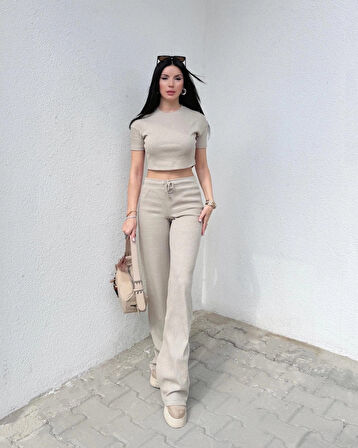 Basic Düz Croptop Regular Kesim %100 Pamuk Fitilli Bol Paça Eşofman Büstiyer Takım - Bej