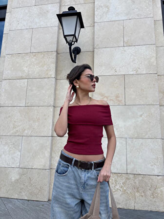 Madonna Yaka Düşük Kol Crop Bordo/Vişne Çürüğü Tarz Stil KadınBluz