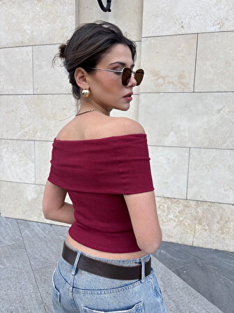 Madonna Yaka Düşük Kol Crop Bordo/Vişne Çürüğü Tarz Stil KadınBluz