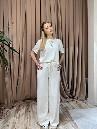 Modal Regular Rahat Kesim Ekru Düz Desen Trend Basic Tişört Eşofman Takım