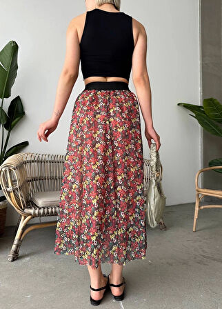 Baskılı astarlı uzun etek