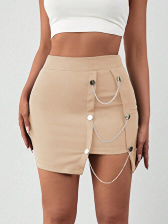 Yandan Zincirli Bej Renk Slim Fit Yüksek Bel Mini Tasarım Şort Etek