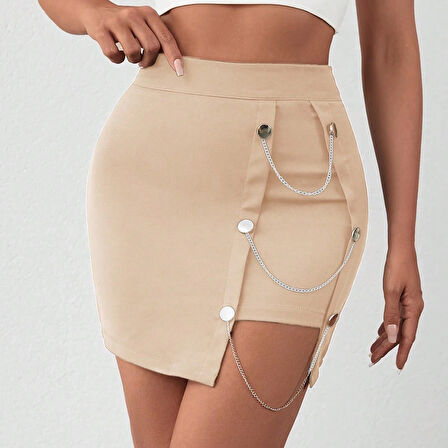 Yandan Zincirli Bej Renk Slim Fit Yüksek Bel Mini Tasarım Şort Etek