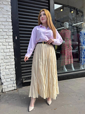 Krem Bilek Hizasında Kabartmalı Uzun Bol Kesim Kraş Etek (Tesettür İçin Uygun)