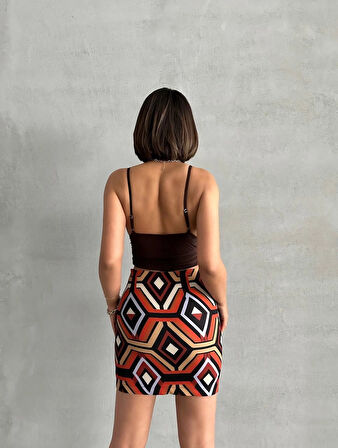 Etnik Desen Kahverengi Tonlu Slim Fit Modern Kalem Etek