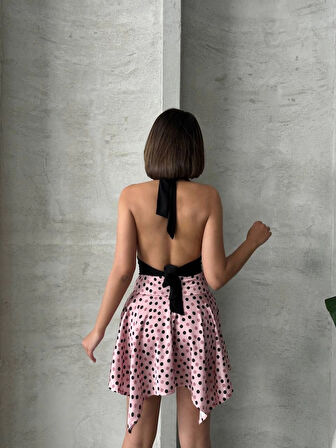 Pembe/Siyah Puantiye Desen Şık Modern Asimetrik Kesim Diz Üstü Mini Etek