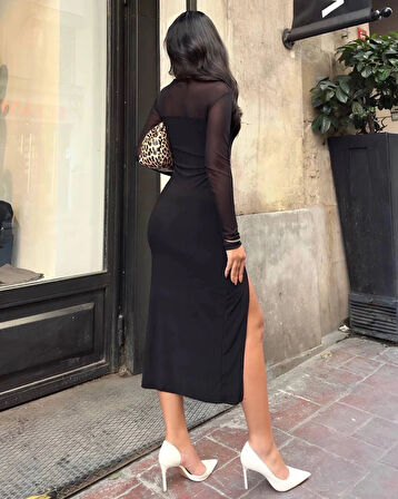 Kadın Tül Detaylı Siyah Midi Boy Yandan Yırtmaçlı Uzun Kollu Sıfır Yaka Elbise