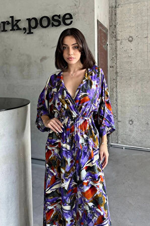 Dokuma Mor/Kırmızı Çiçek Baskılı Çok Renkli Yarasa Kol V Yaka Yırtmaçlı Uzun Latin Elbise