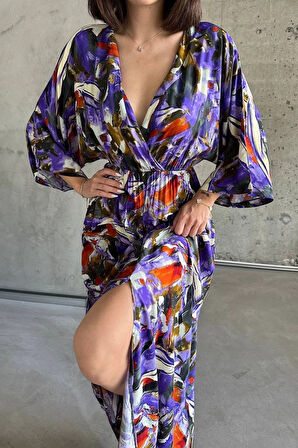 Dokuma Mor/Kırmızı Çiçek Baskılı Çok Renkli Yarasa Kol V Yaka Yırtmaçlı Uzun Latin Elbise